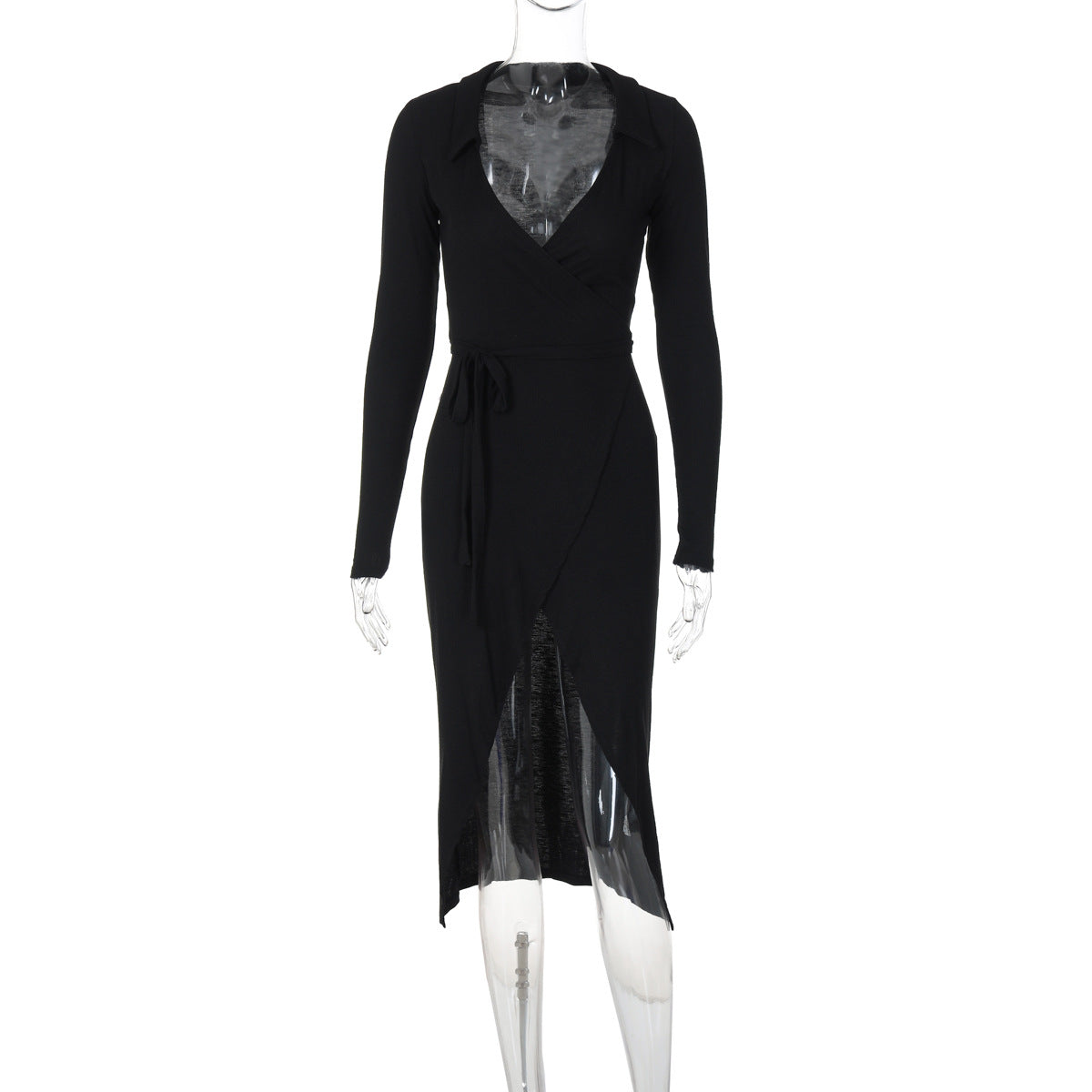 Long Sleeve Dress Sexy Bag Hip Tie Rope Waist Split Long Dress