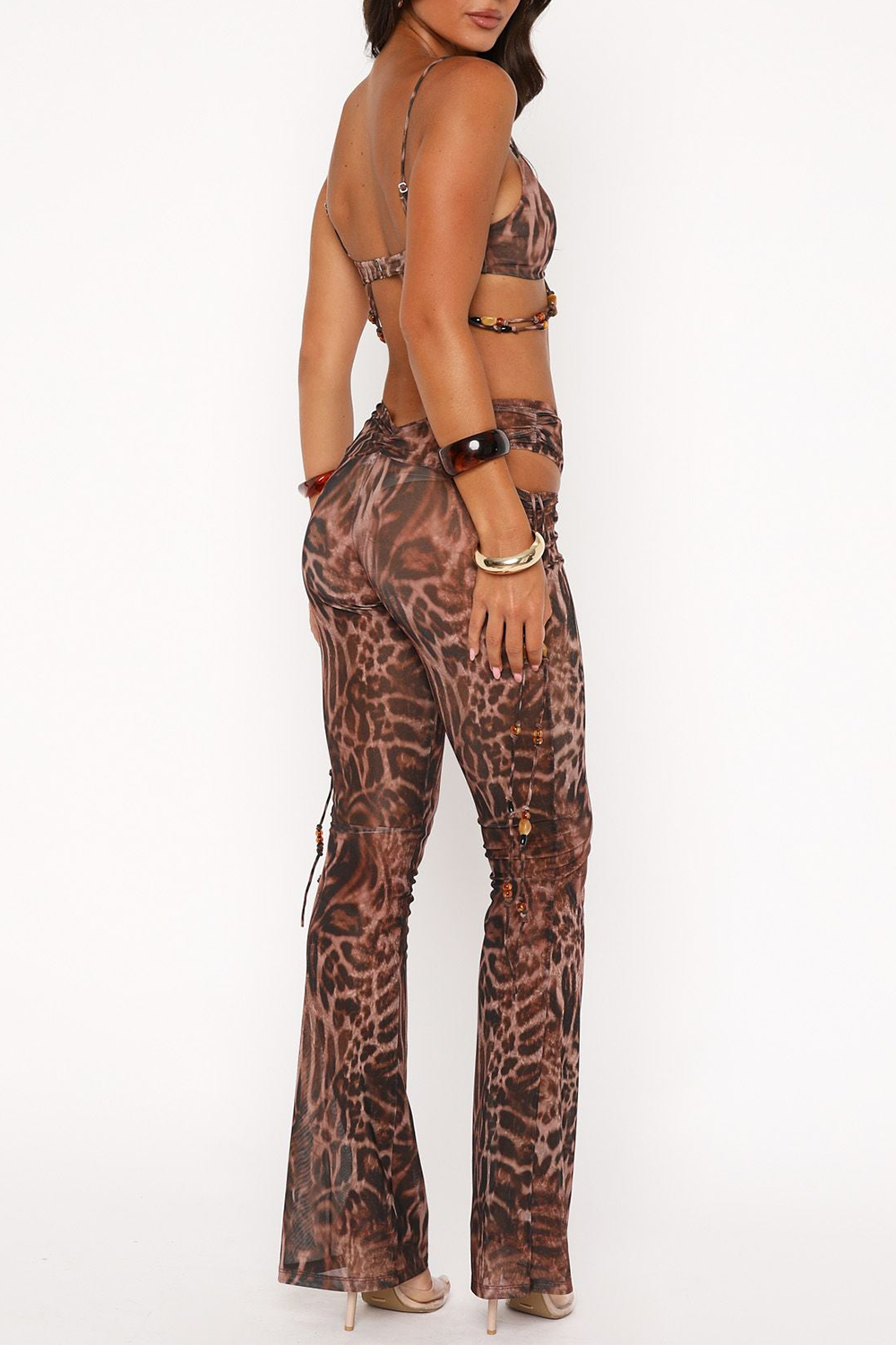 Leopard Print Beady Crop Cami Cutout Slim Fit Pants 2pcs Set - Brown