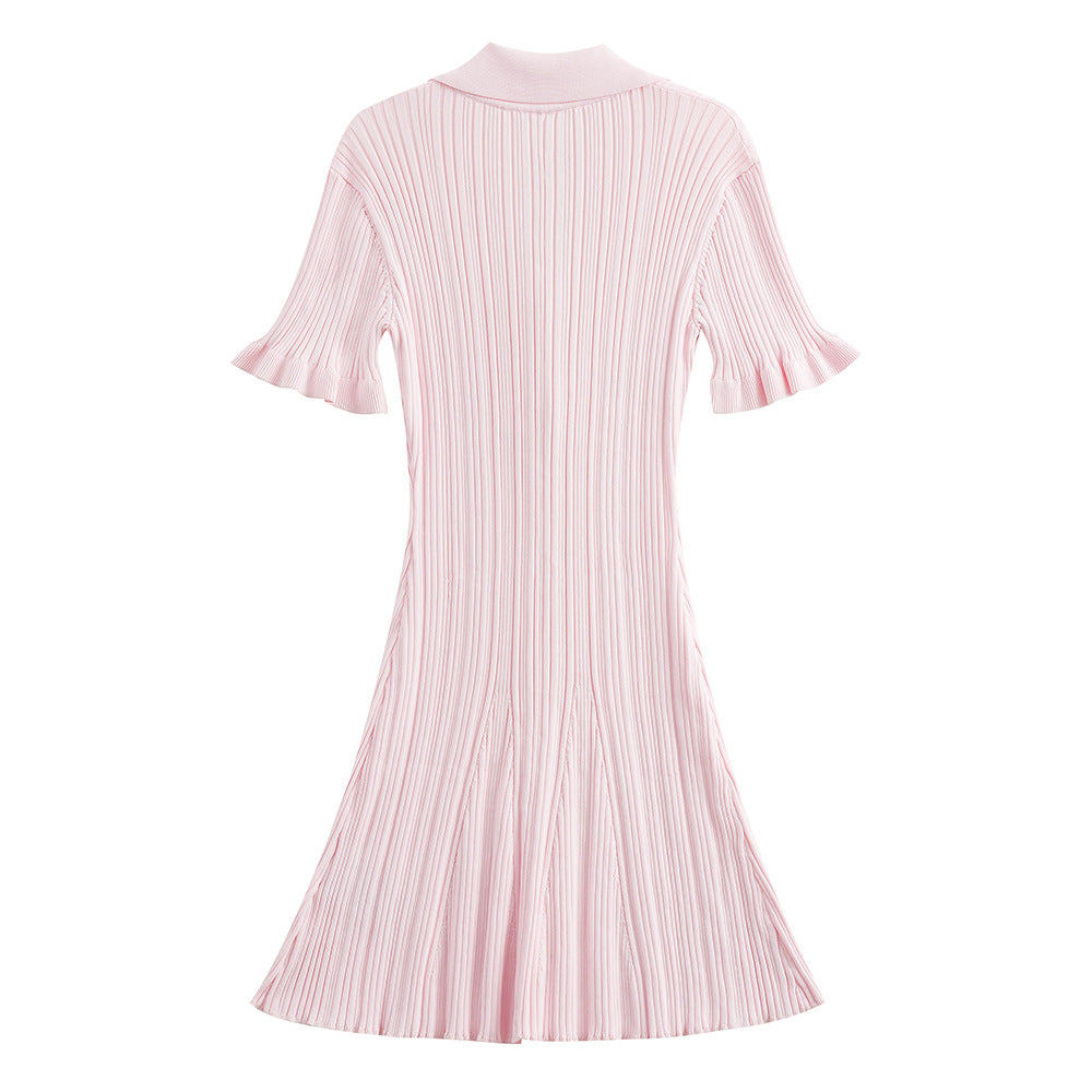 girl pink sweet shirt collar with black fungus edge sleeves waist cinched umbrella skirt fish tail knitted slimming dress
