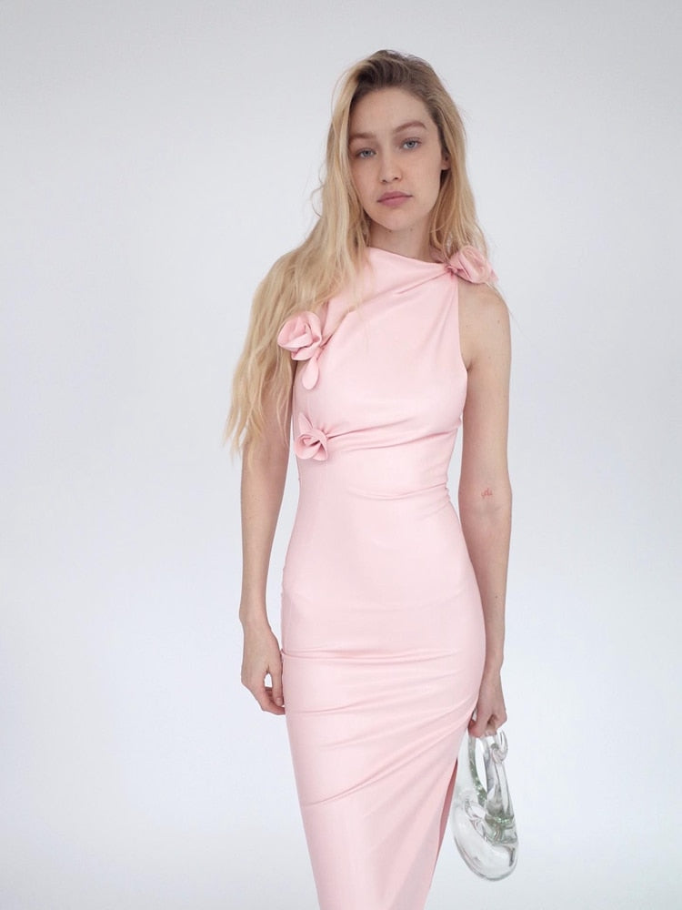 Chic And Elegant Stereo Flowers Sleeveless Synthetic Leather Party Evening Dress Vestidos