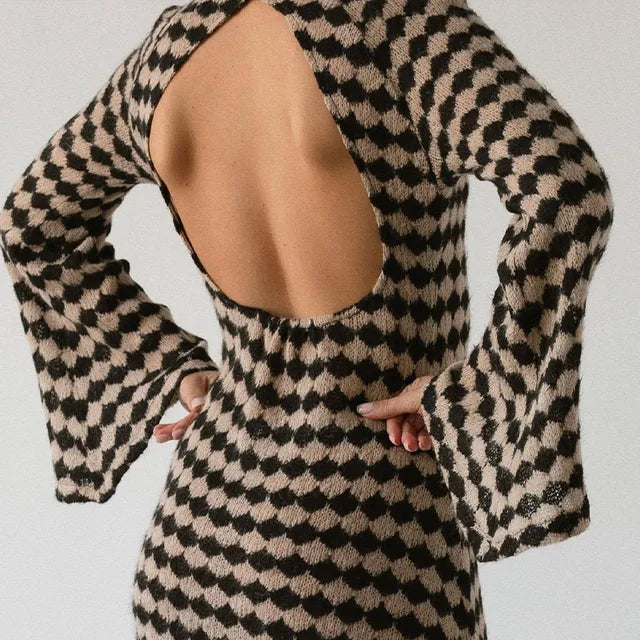 Print Knitted Dress Woman Autumn Backless Long Sleeve Sexy Midi Dresses Contrast Vacation Hallow Out Robe