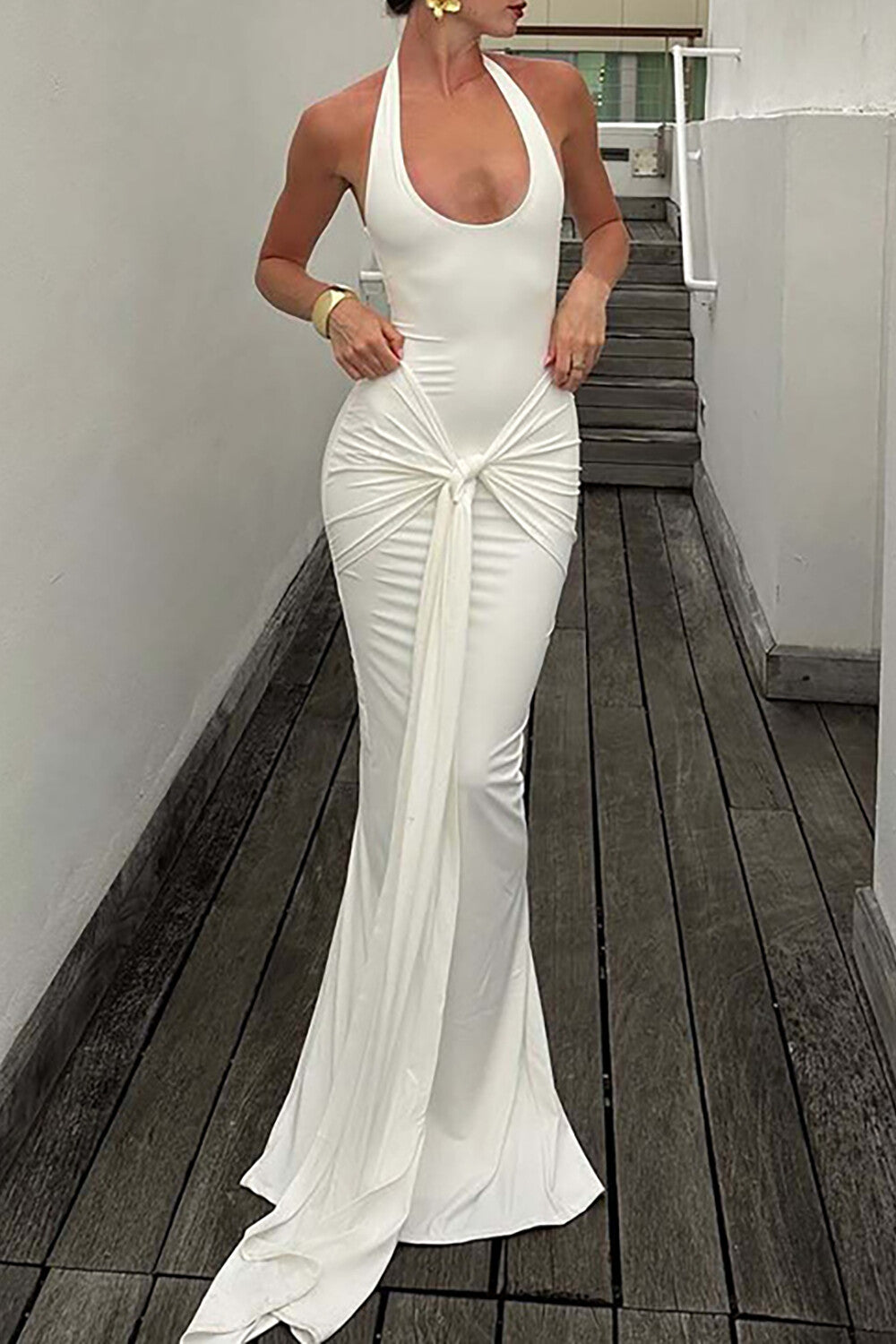 Halter Neck Ruched Tie Up Streamer Bodycon Maxi Dresses - Green