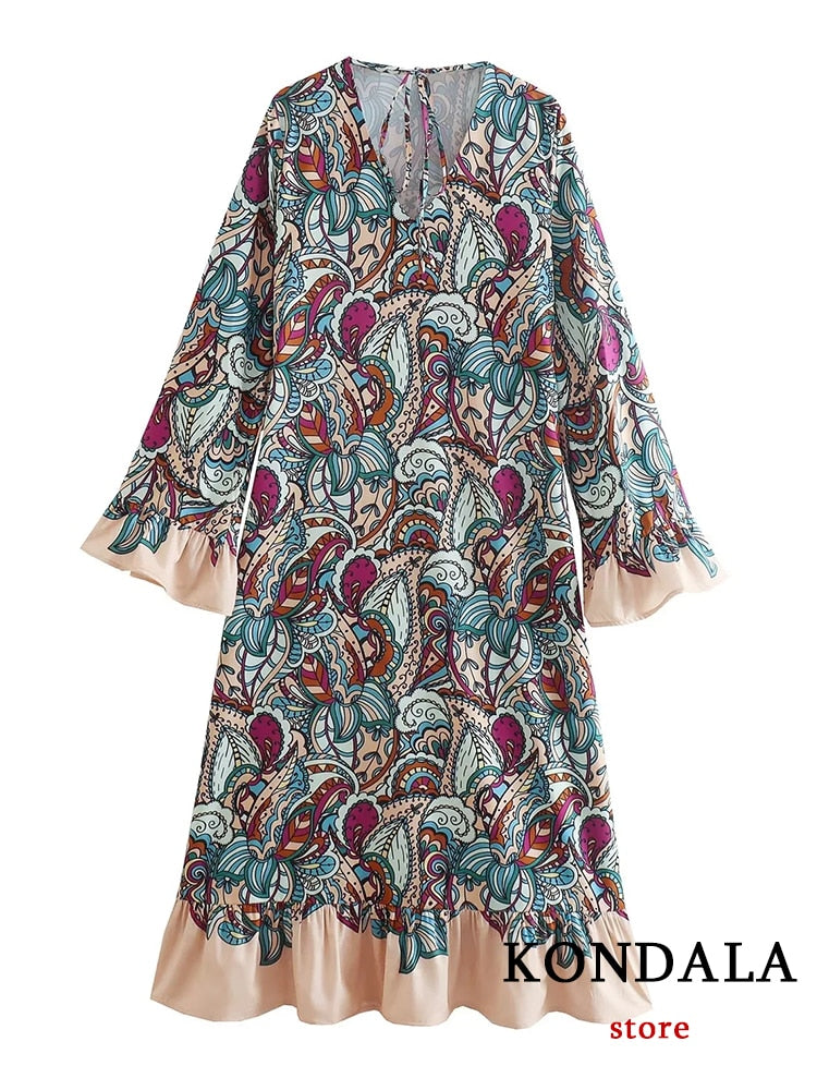 Vintage Flower Print V Neck Loose Long Dress Women Petal Sleeve Ruffles Fashionn Dress Boho Elegant Vestidos