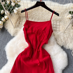 Red dress slit ruffled patchwork holiday skirt