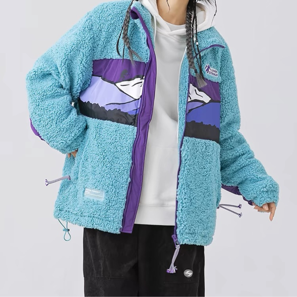 Sherpa-Mantel mit Mountains-Patchwork
