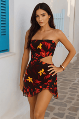 Floral Print Strapless Cutout Ruffled Mini Dresses - Black Pre Order