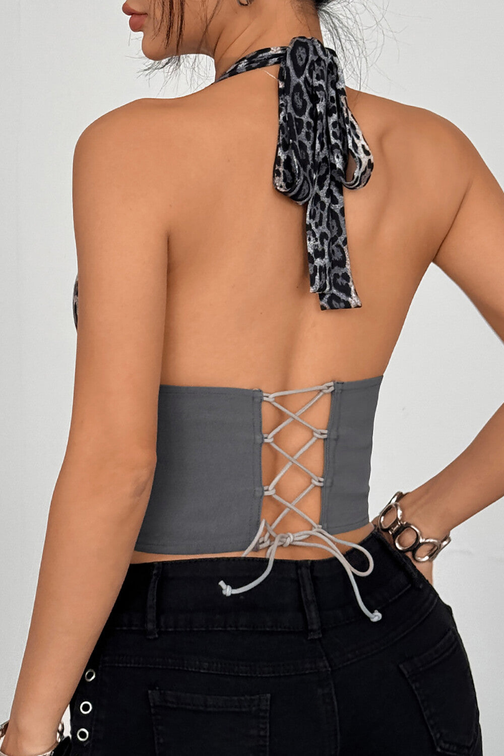 Leopard Print Plunge Neck Halter Buttons Decor Corset - Grey