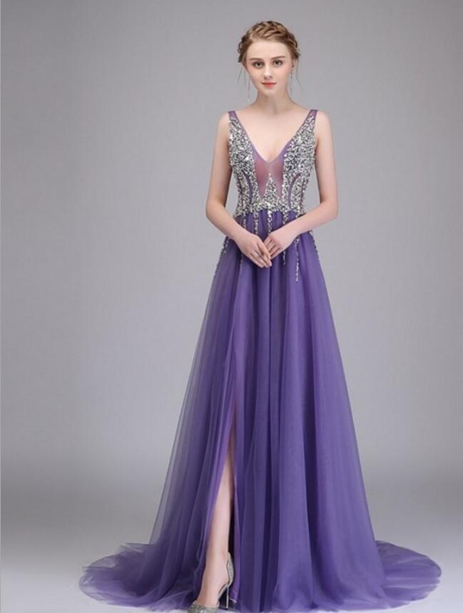 Sexy Side Split Prom Dresses Deep V-Neck Backless Beads Crystal Party Gowns Sleeveless Sweep Train Cheap Tulle Party Dress