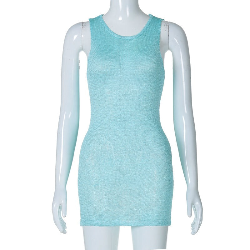 sexy slim fit round neck sleeveless woolen dress