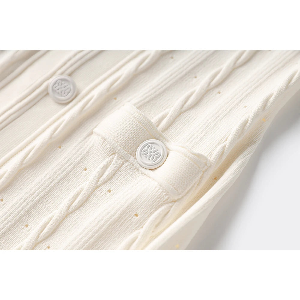 Early Fall Luxury Brief Gentle Beige Color Midi Knitting Dress Quality Buttons Strongly Elastic