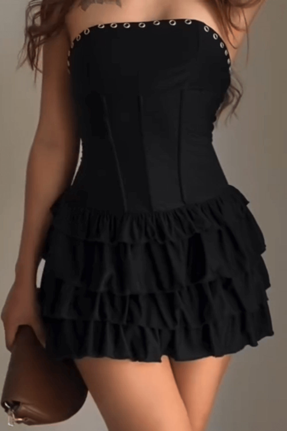 Strapless Corset Tiered Ruffled Hem Mini Dresses - Black