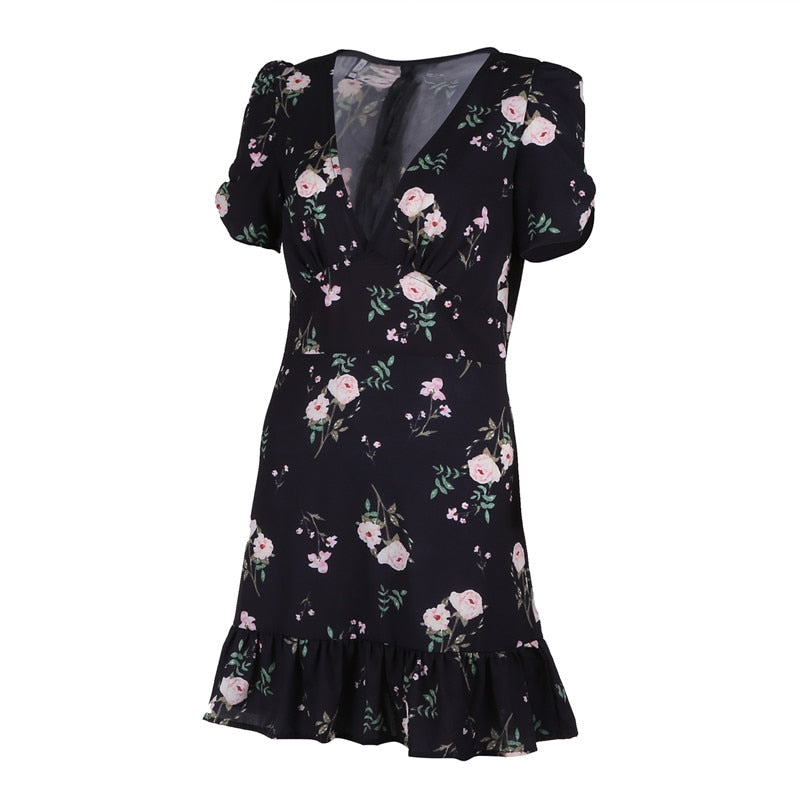 Women Mini Boho Floral Dress Beach Short Sleeve V neck Evening Party bohemian beach dress