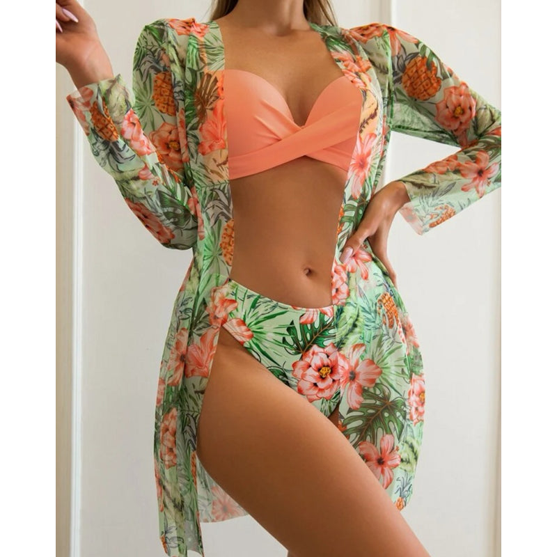 Floral Twist Low Waist Bikini Set Cover Up For Women