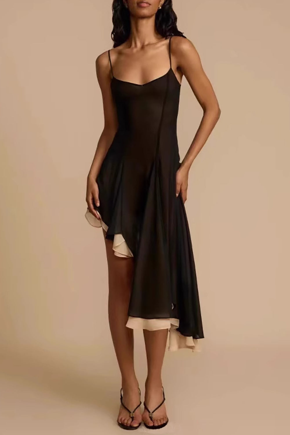 Colorblock Lined Irregular Hem Strappy Midi Dresses - Black
