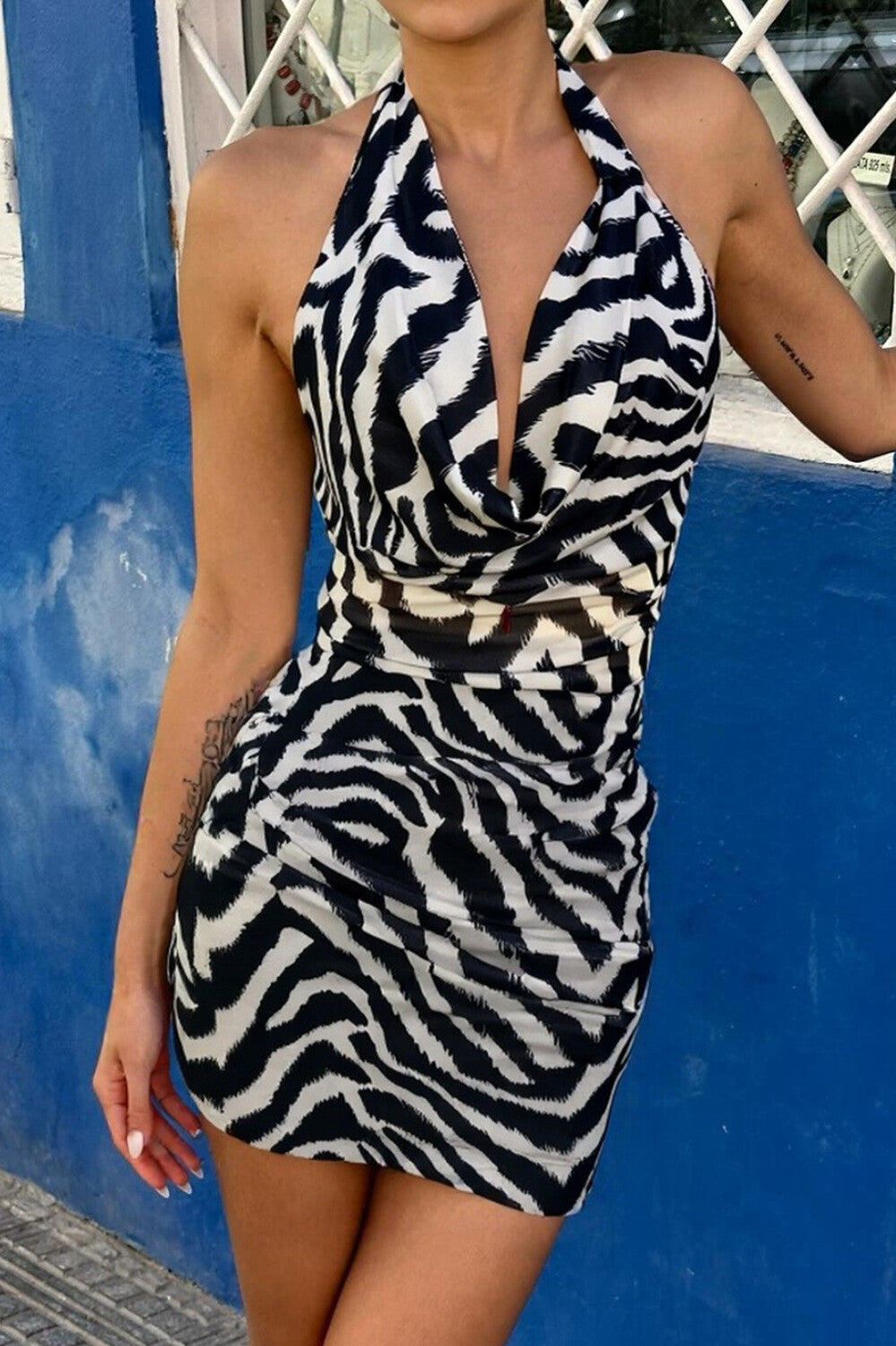 Zebra Print Cowl Neckline Bodycon Halter Mini Dresses - Black