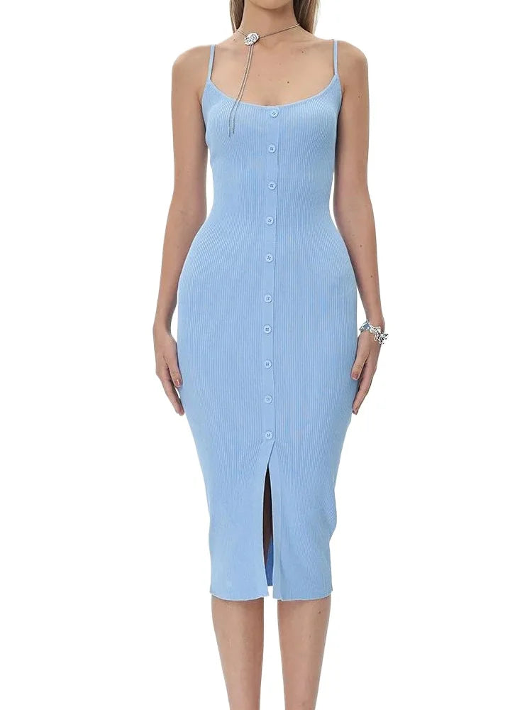 Single Breasted Rib Knitted Dress Women Spaghetti Strap Midi Split Dresses