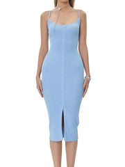Single Breasted Rib Knitted Dress Women Spaghetti Strap Midi Split Dresses