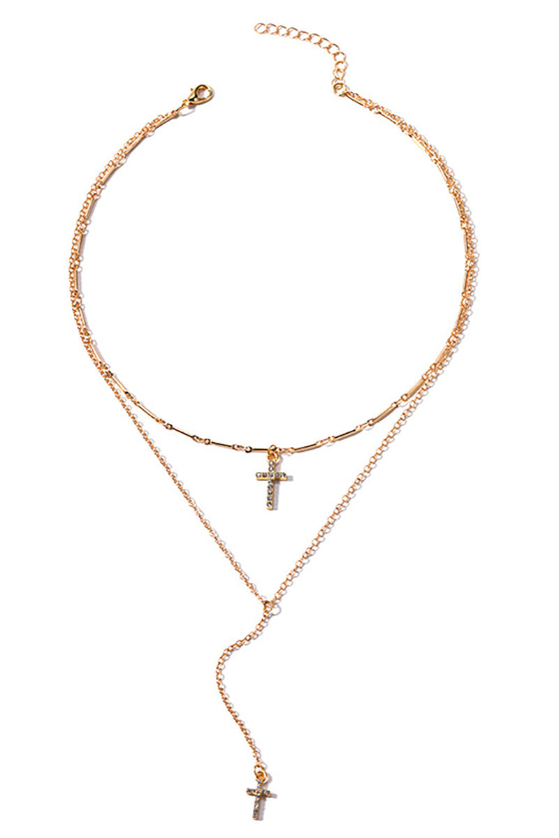 Rhinestone Cross Pendants Alloy Double - Layered Necklace - Gold