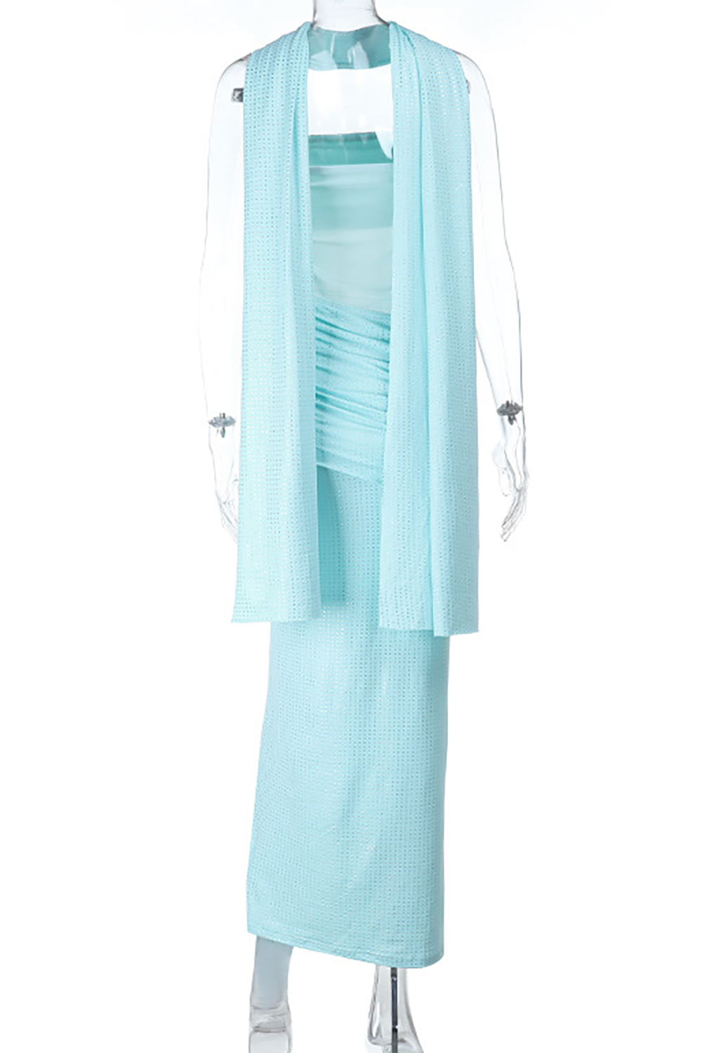 Hot Drilling Strapless Mesh Patchwork Ruched Slim Fit Maxi Dresses - Blue