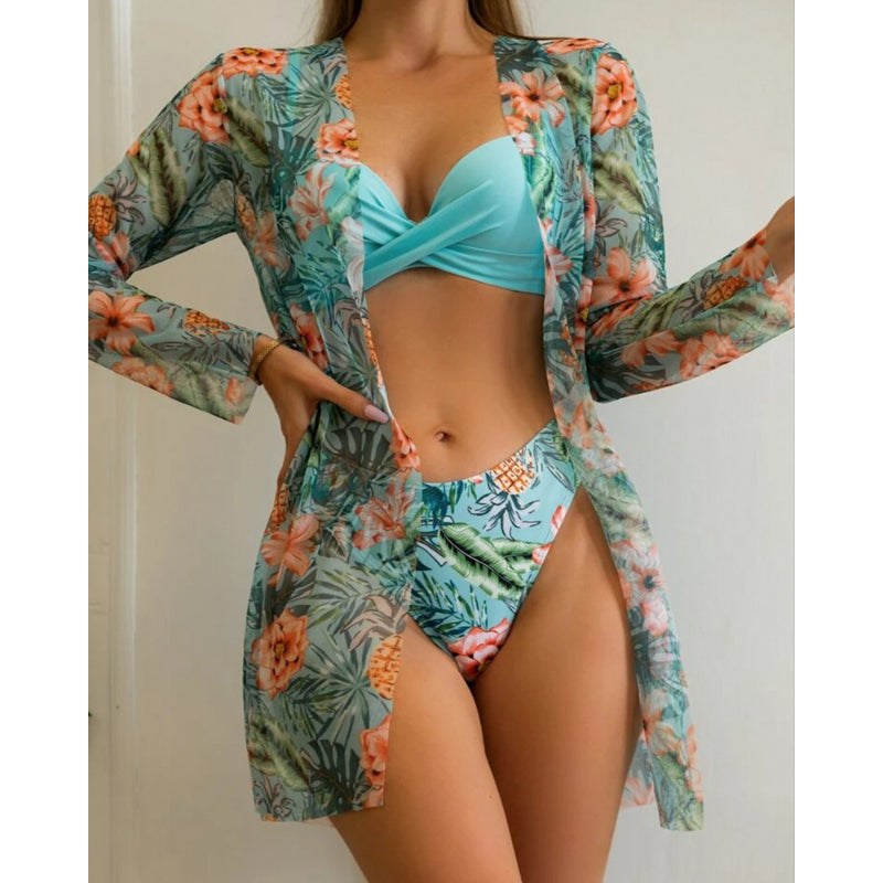 Floral Twist Low Waist Bikini Set Cover Up Swimsuit For Women