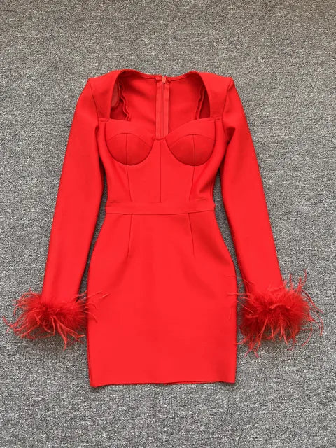 Black White Red Pink Blue Dusty Pink Bandage Feathers Dress