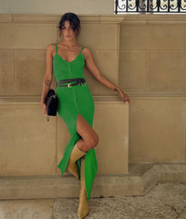 Europe and the United States style single-breasted V-neck sexy halter front slit Slim dresses