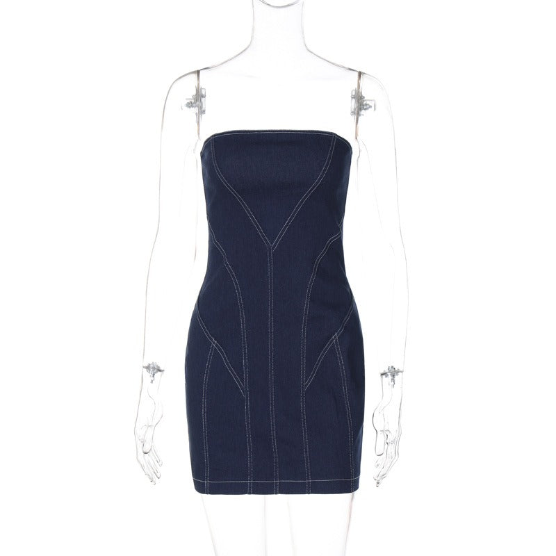 sexy slim fit strapless denim dress with wrapped buttocks