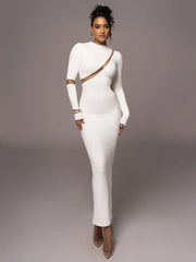 Long Sleeve Dress Autumn Patchwork Hollow Out Club Party Sexy Long Dress Vestidos