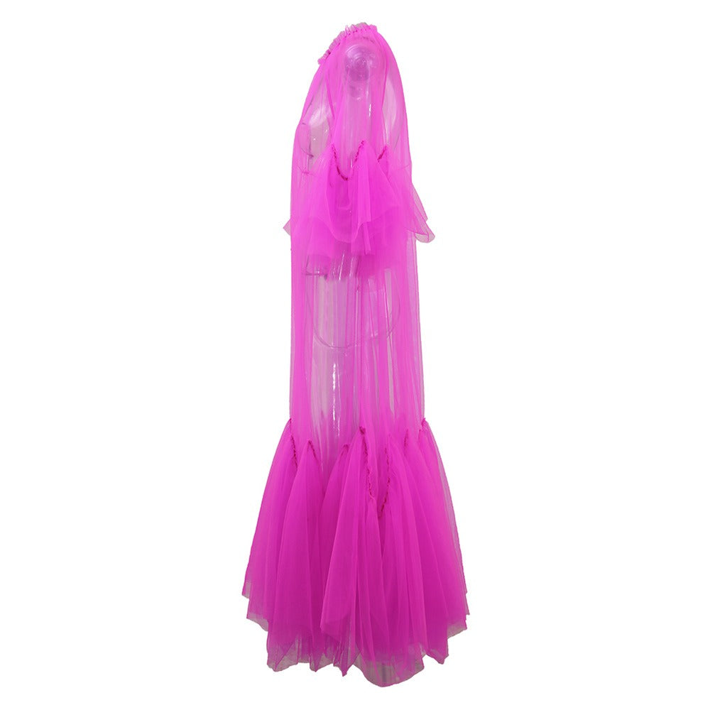 Lace collar loose petal short sleeved mesh dress, women's patchwork puffy skirt, hood skirt