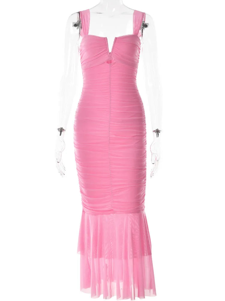 Mozision Hollow Out Backless Ruched Maxi Dress Mesh Elegant Spaghetti Strap Sleeveless Bodycon Party Long Dress