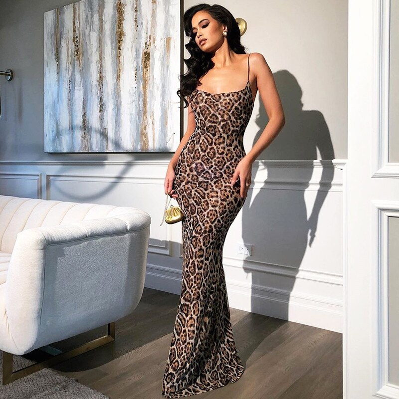 Sexy Leopard Print Backless Women Dress Sleeveless Strap Female Party Long Maxi Dress