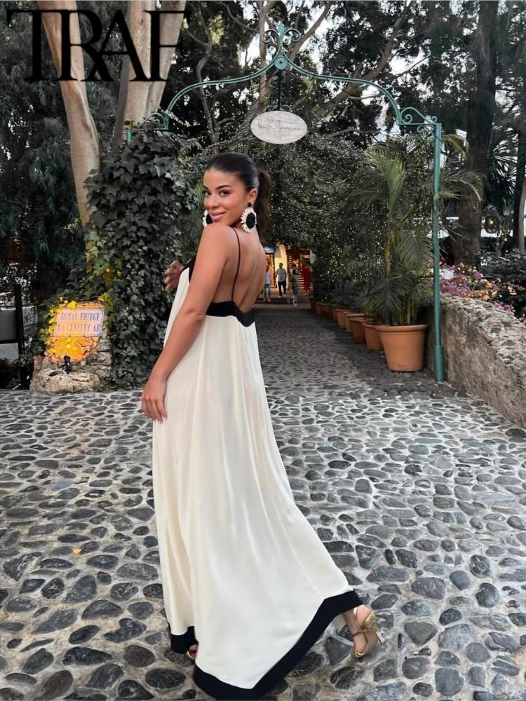 Woman Contrast V-neck Slip Dress Casual Sleeveless Backless Midi Long Dresses Robe Vestidos