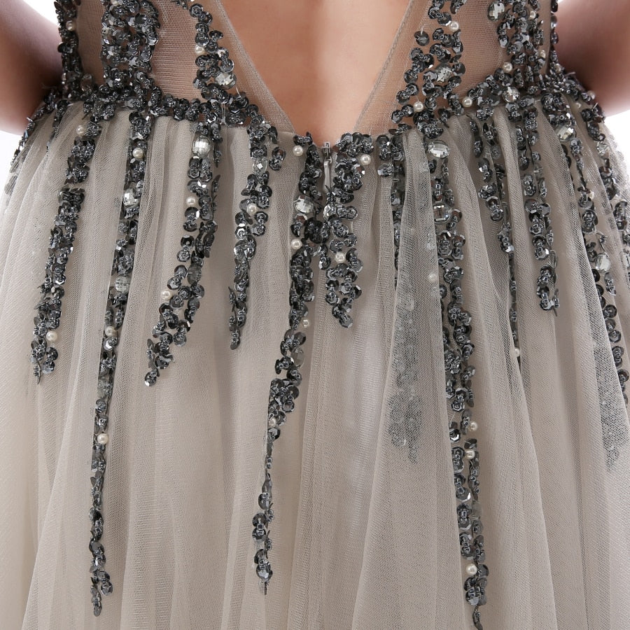 Sexy Side Split Prom Dresses Deep V-Neck Backless Beads Crystal Party Gowns Sleeveless Sweep Train Cheap Tulle Party Dress