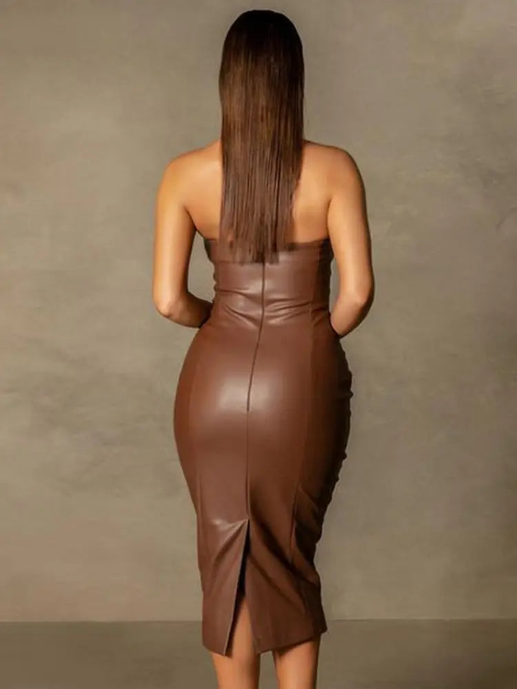 Pu Faux Leather Women Midi Party Dress Women Backless Sexy Hot Clubwear Skinny Slim Solid Elegant Bodycon Dresses