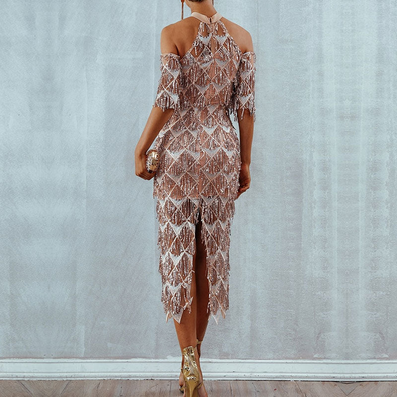 Elegant Sequins Evening Party Dress Vestidos Verano 2019 Mesh Runway Dress