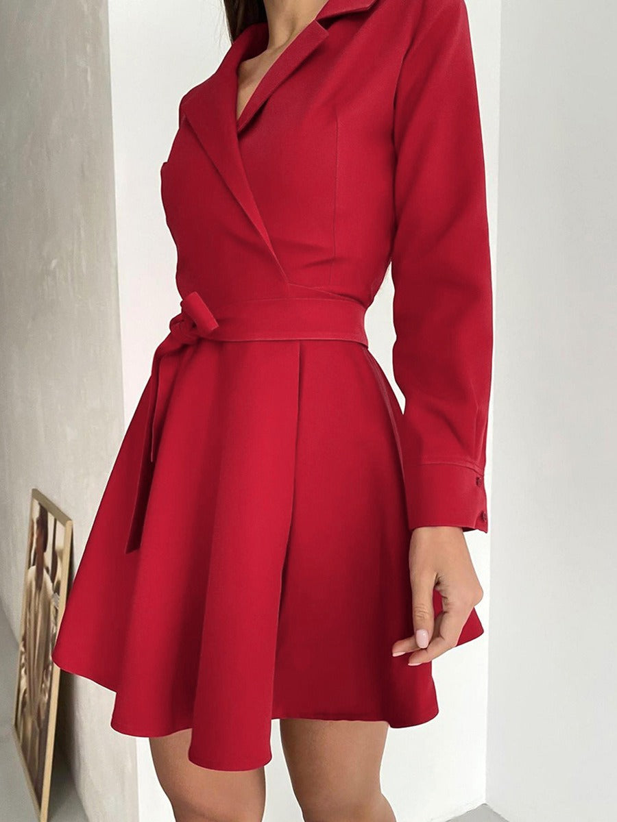 Spring Elegant Suit Collar Long Sleeve Lace up Dress Bowknot High Waist A-line Dress