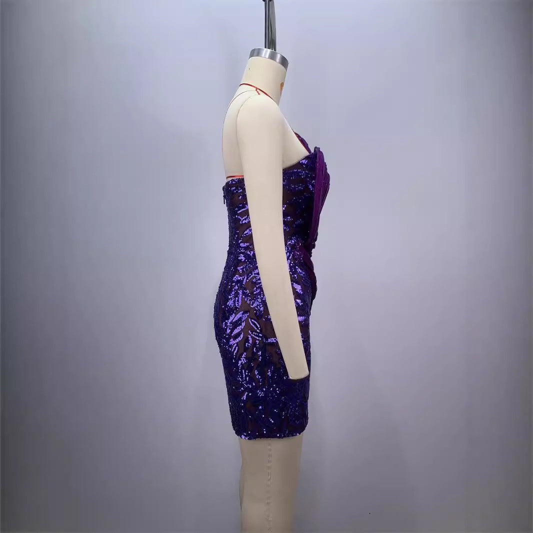 backless one shoulder design strapless mesh sequin tight purple mini dress