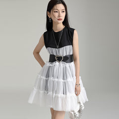 O Neck Mesh Stitching Color Matching Fake Two Large Hem Loose Short Dresses