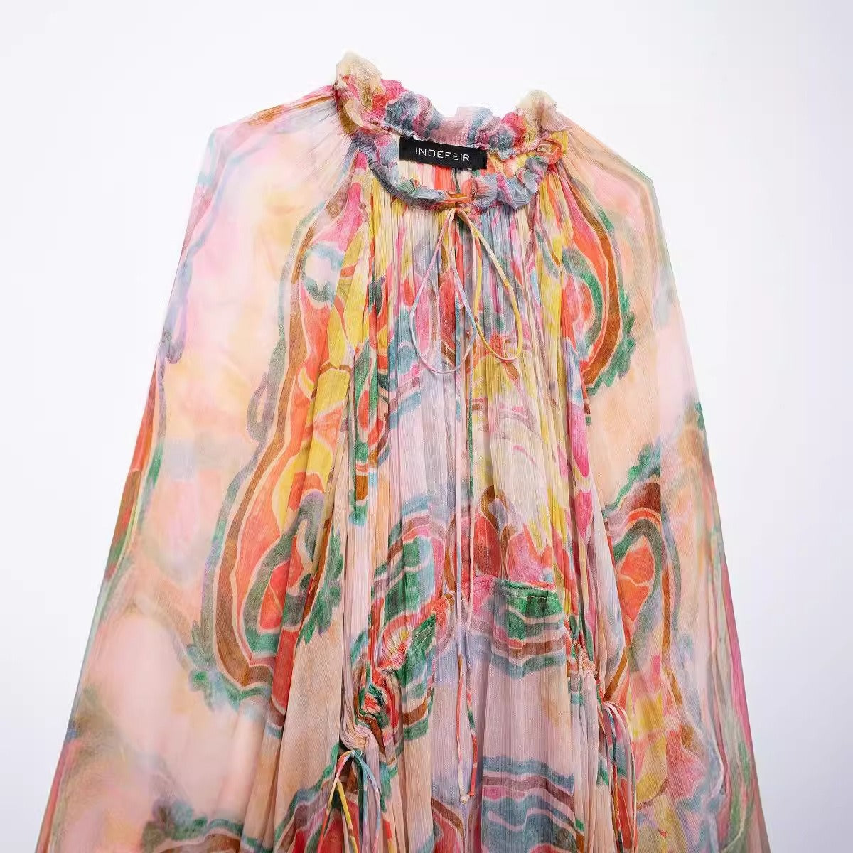 European and American Half High Collar Long Sleeve Printed Waist Loose Dress