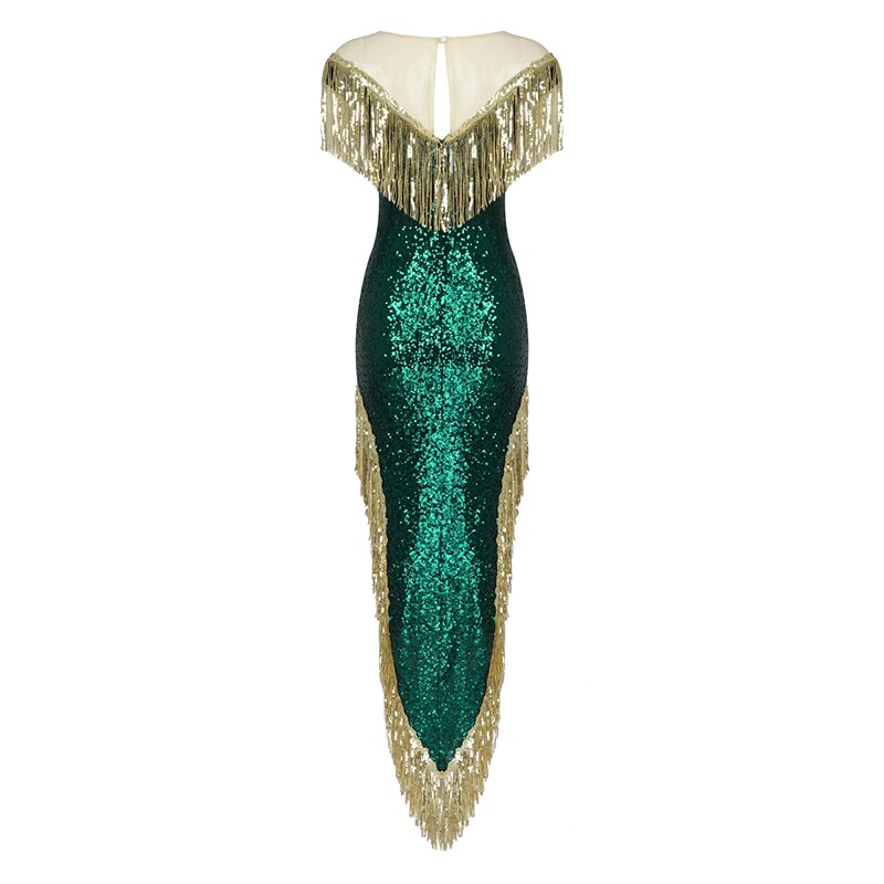 Dark Green Sequin Temperament Tassel Long Skirt Evening Dress Party Slim Evening Dress