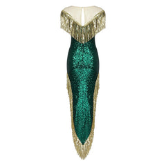 Dark Green Sequin Temperament Tassel Long Skirt Evening Dress Party Slim Evening Dress
