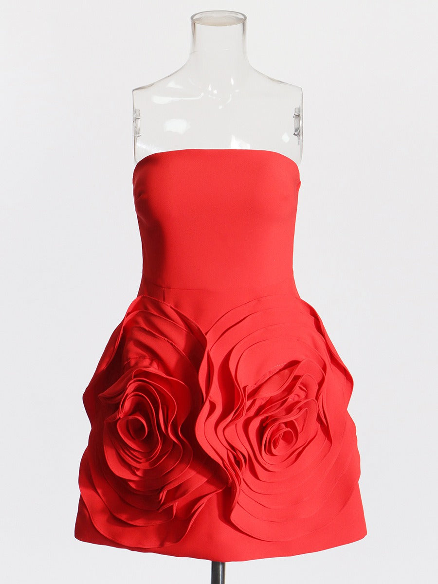 Lady style tube top A-line dress party dress three-dimensional rose large flower patchwork dress