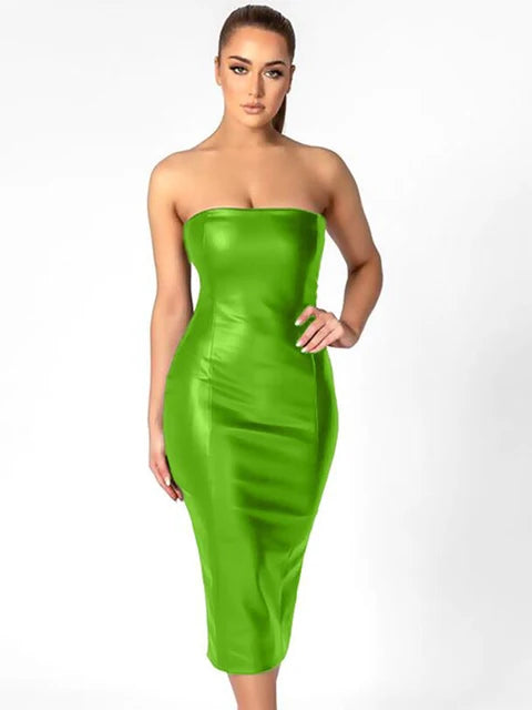 Pu Faux Leather Women Midi Party Dress Women Backless Sexy Hot Clubwear Skinny Slim Solid Elegant Bodycon Dresses