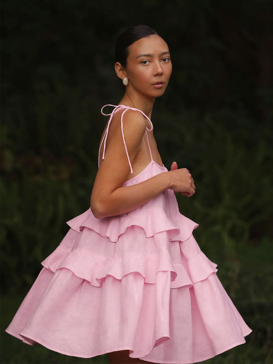multi-layer ruffled cake skirt short backless camisole dress