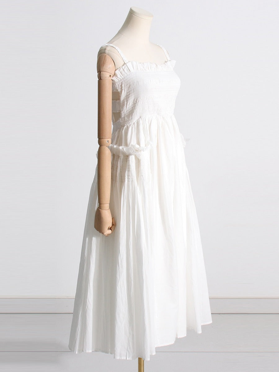 Party dress with pleated suspender and long solid color large hem dress