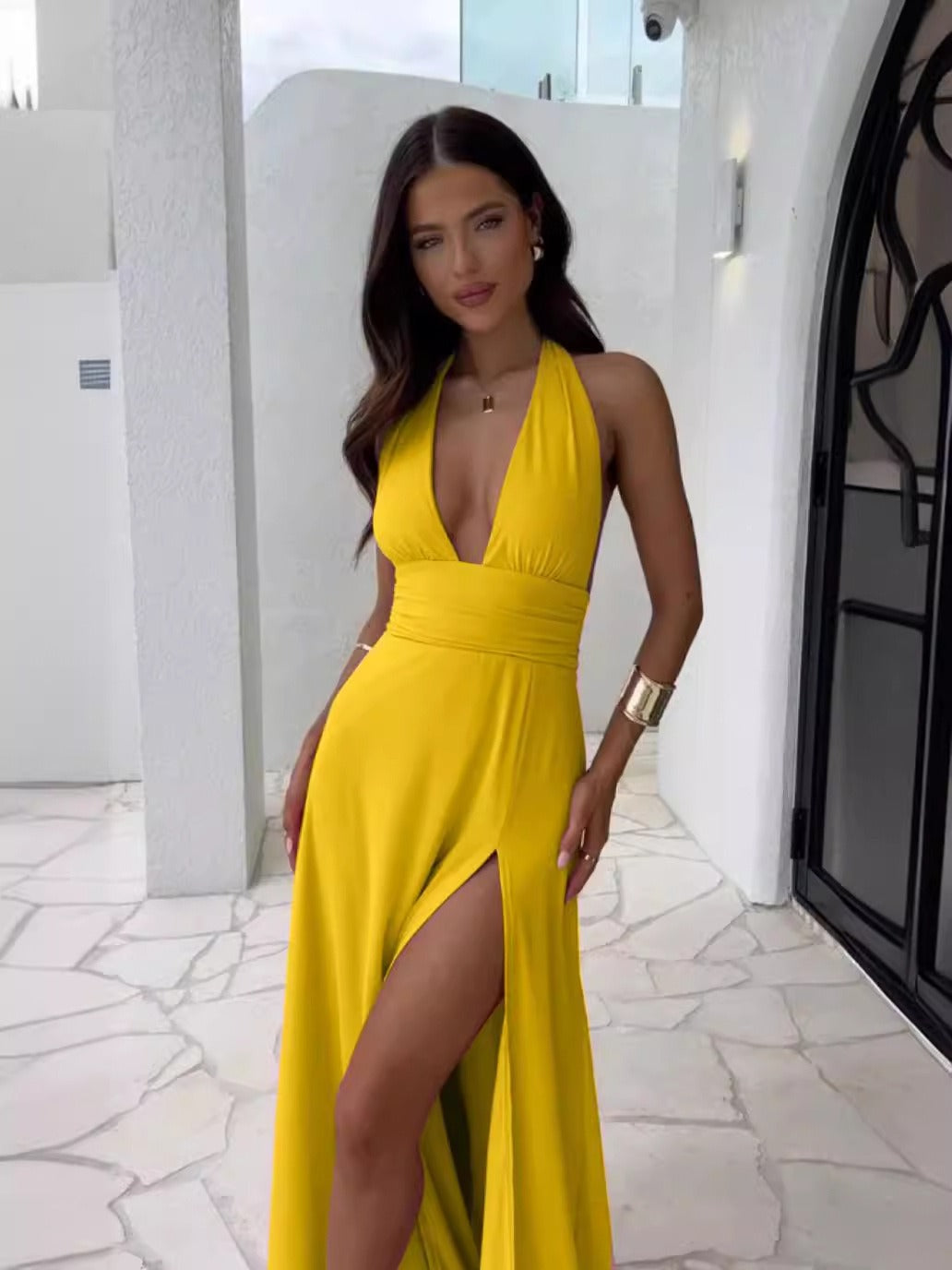 Hanging Neck Split Lace Solid Color Dress