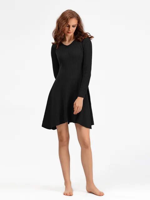 Long Sleeved High Waisted Short Knitted Dress Women Solid High Collar Sweater A-line Dresses Autumn Chic Female Street