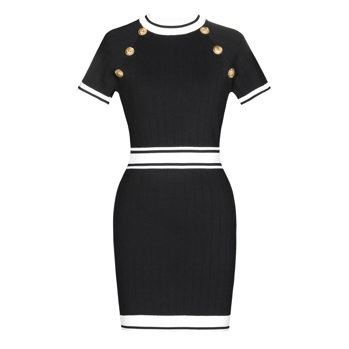 style round neck cinched waist slimming short sleeved hip hugging woolen knitted dress