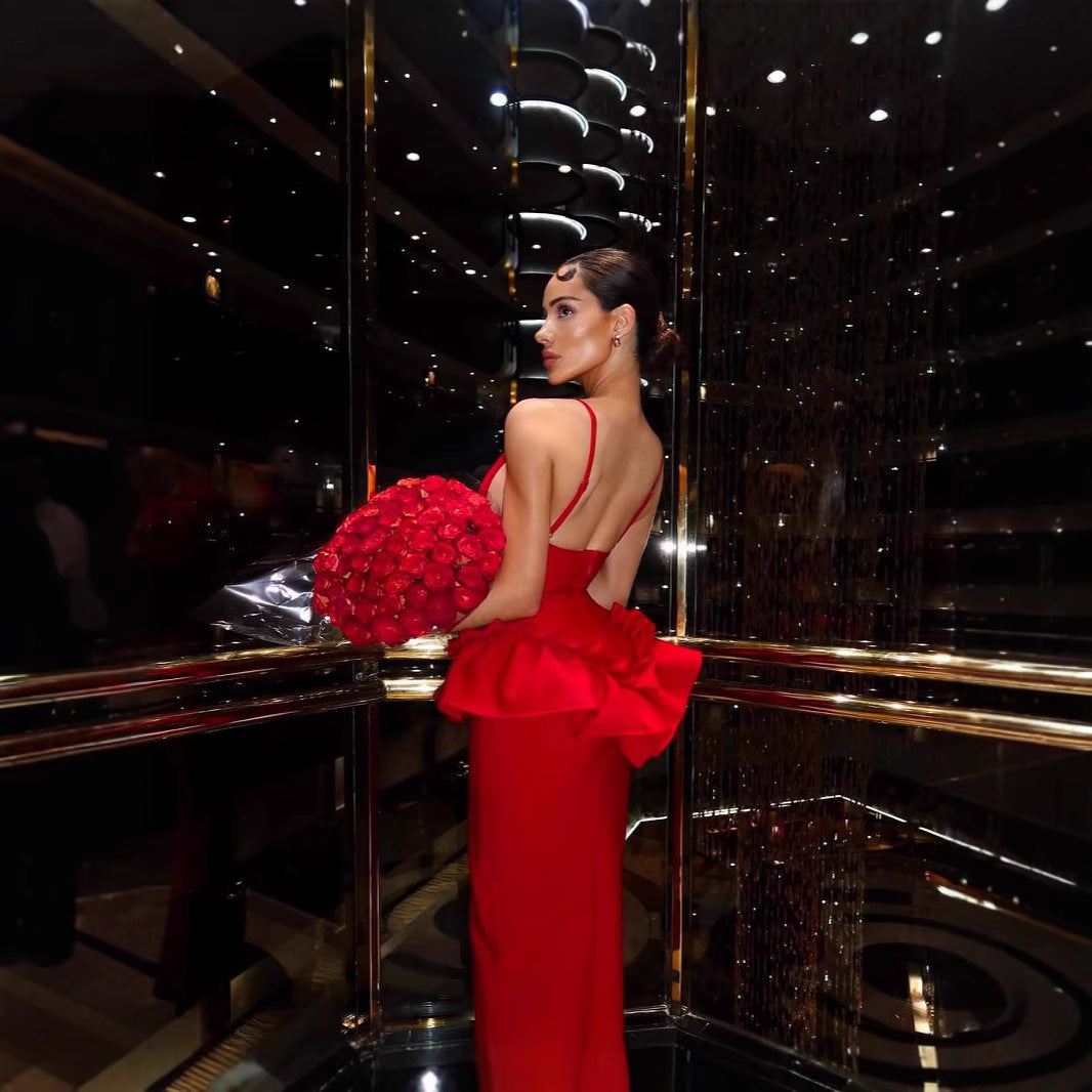 Red V-neck ruffle hem backless waist cinched evening dress socialite long dress