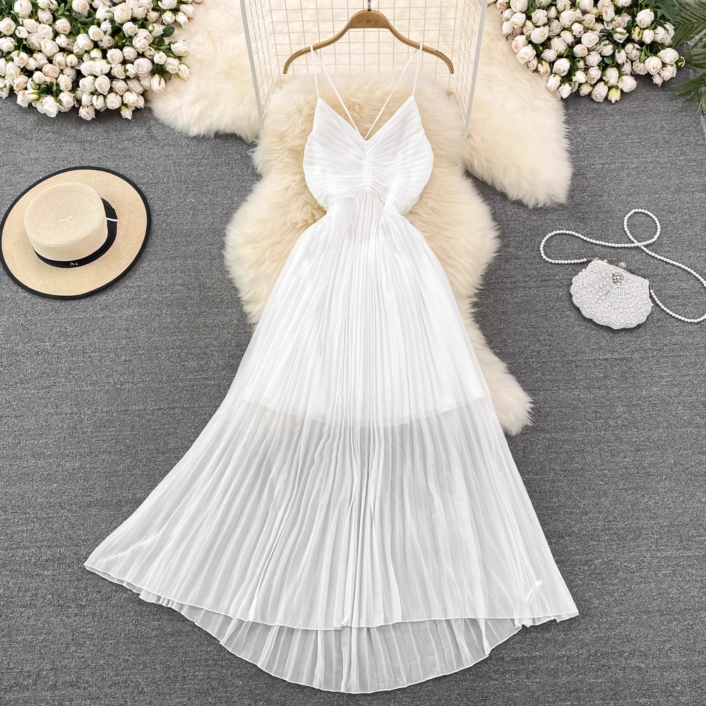V-neck A-line pleated dress Women's summer dress